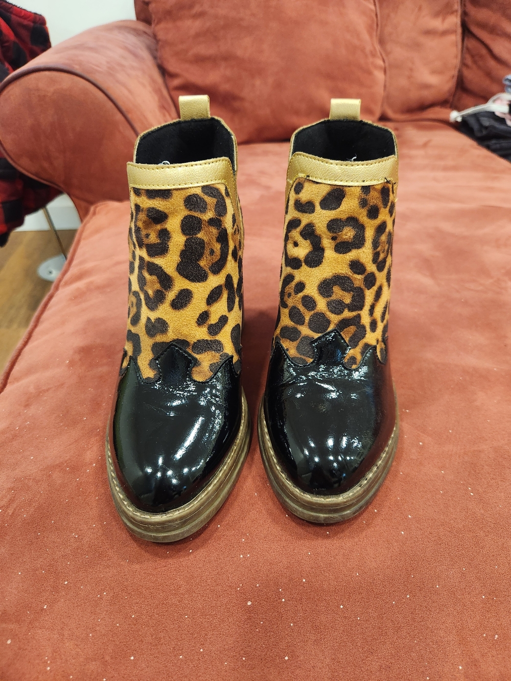 Leopard Print Patent-Toe Chelsea Booties - Black & Brown